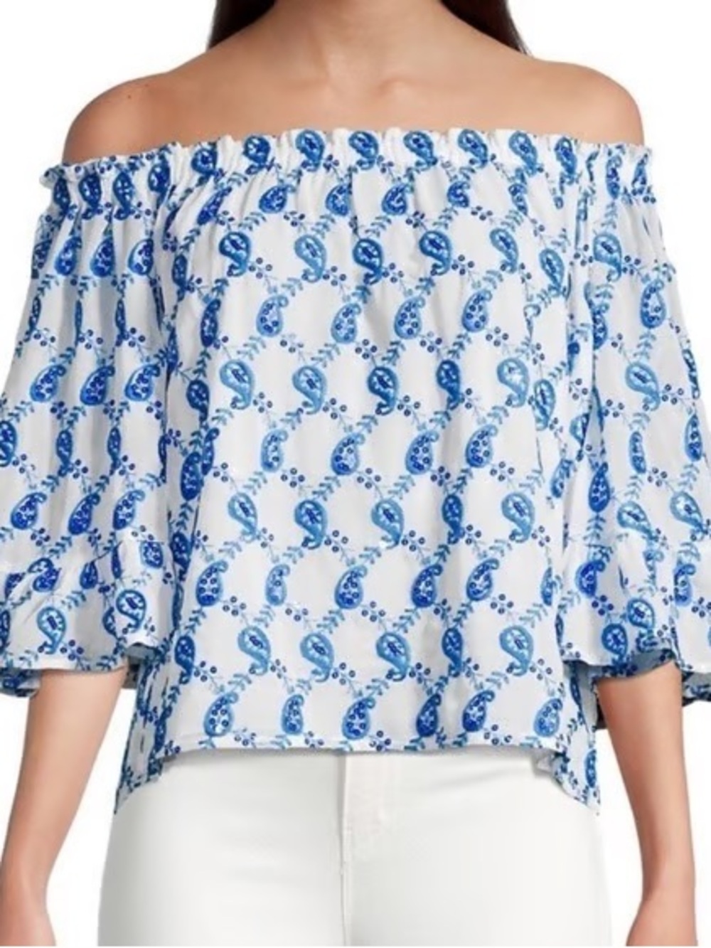 Lilly Pulitzer White Off-Shoulder Top with Blue Paisley